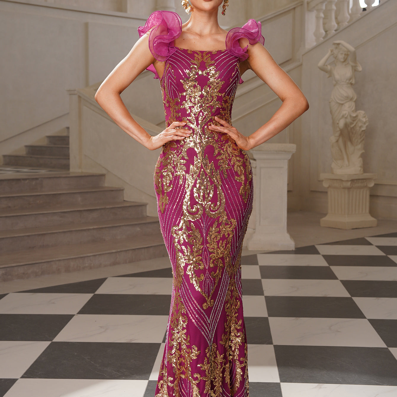 Sequin Ruffle-Sleeve Mermaid Formal Dress GM010125