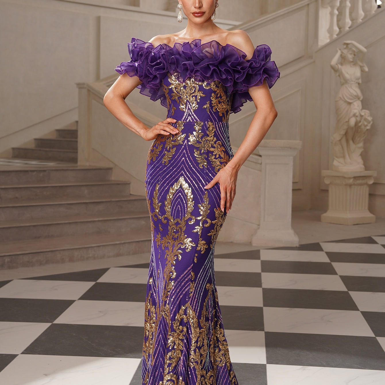 Ruffle-Shoulder Mermaid Sequin Evening Dress GM010137