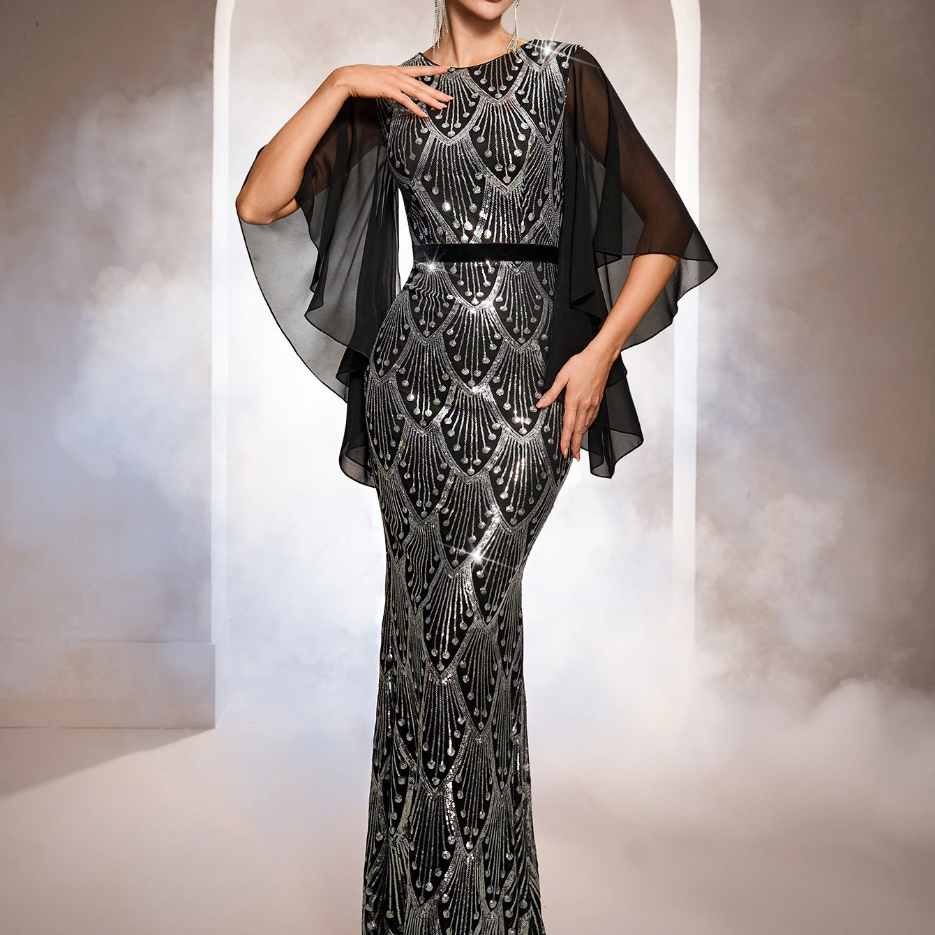 Flowy Cape Sleeves Geometric Sequin Formal Dress GM010195