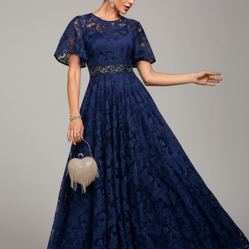 Blue Floral Lace Embroidered Flowy Prom Dress GM01043