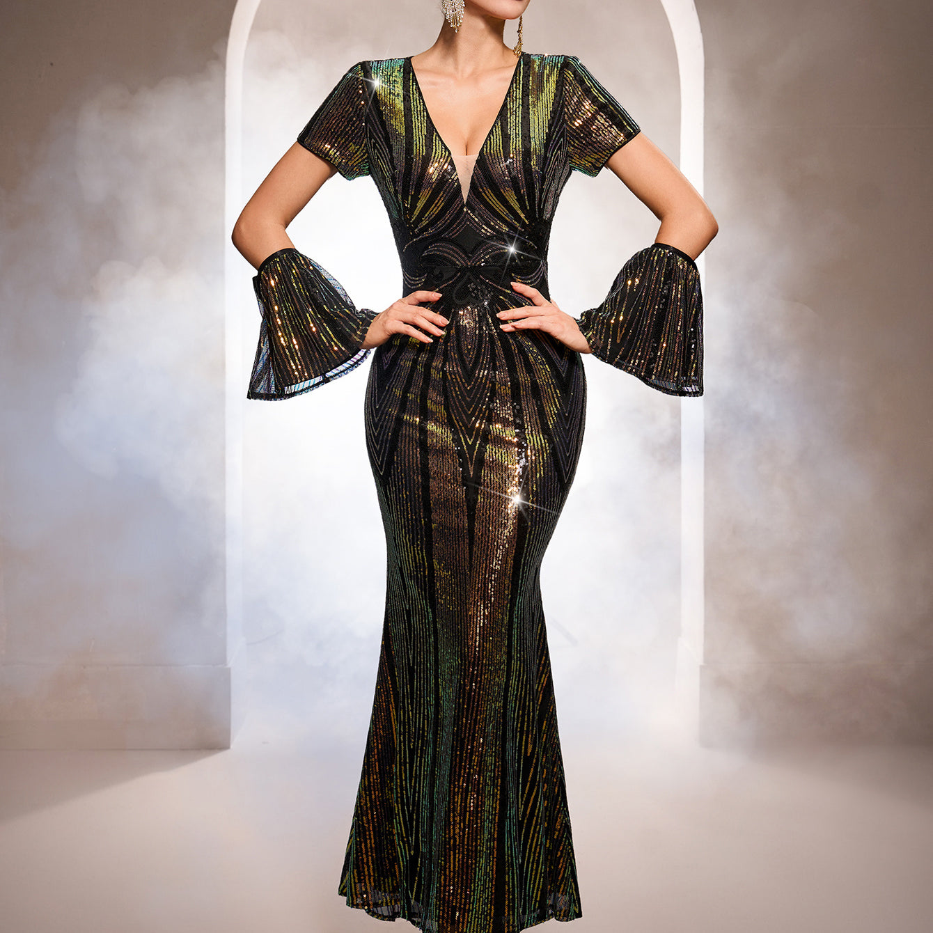 Black Iridescent Sequin Flare Sleeve Formal Dress GM0104