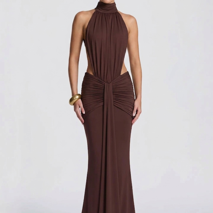 Halter Backless Cutout Ruched Mermaid Evening Dress XF251340
