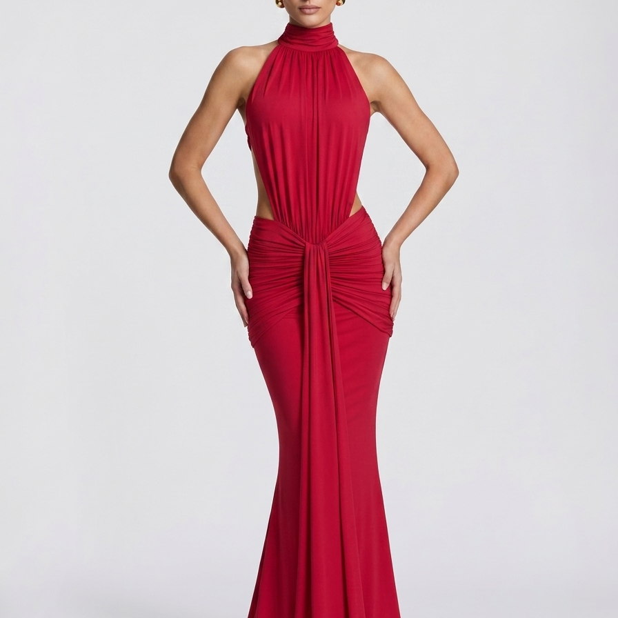 Halter Backless Cutout Ruched Mermaid Evening Dress XF251340