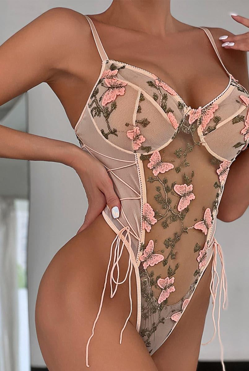 Lace Up Butterfly Embroidery Teddy MSL013 - MISS ORD