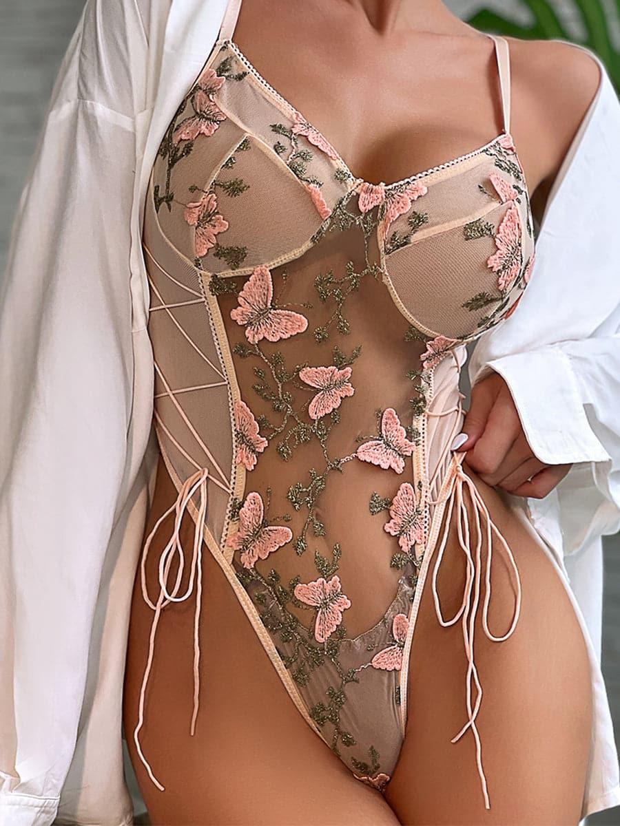 Lace Up Butterfly Embroidery Teddy MSL013 - MISS ORD