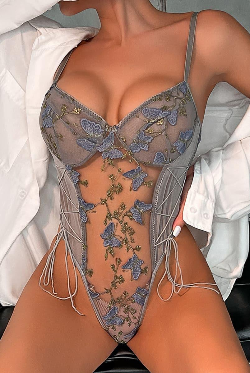 Lace Up Butterfly Embroidery Teddy MSL013 - MISS ORD