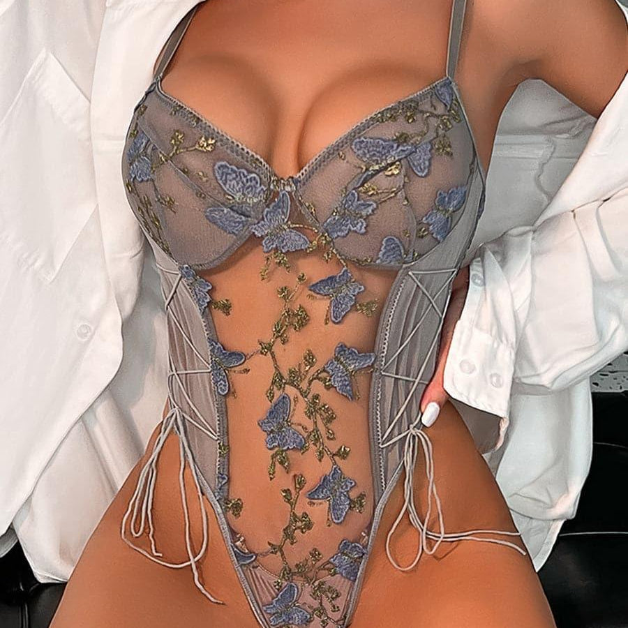 Lace Up Butterfly Embroidery Teddy MSL013 - MISS ORD