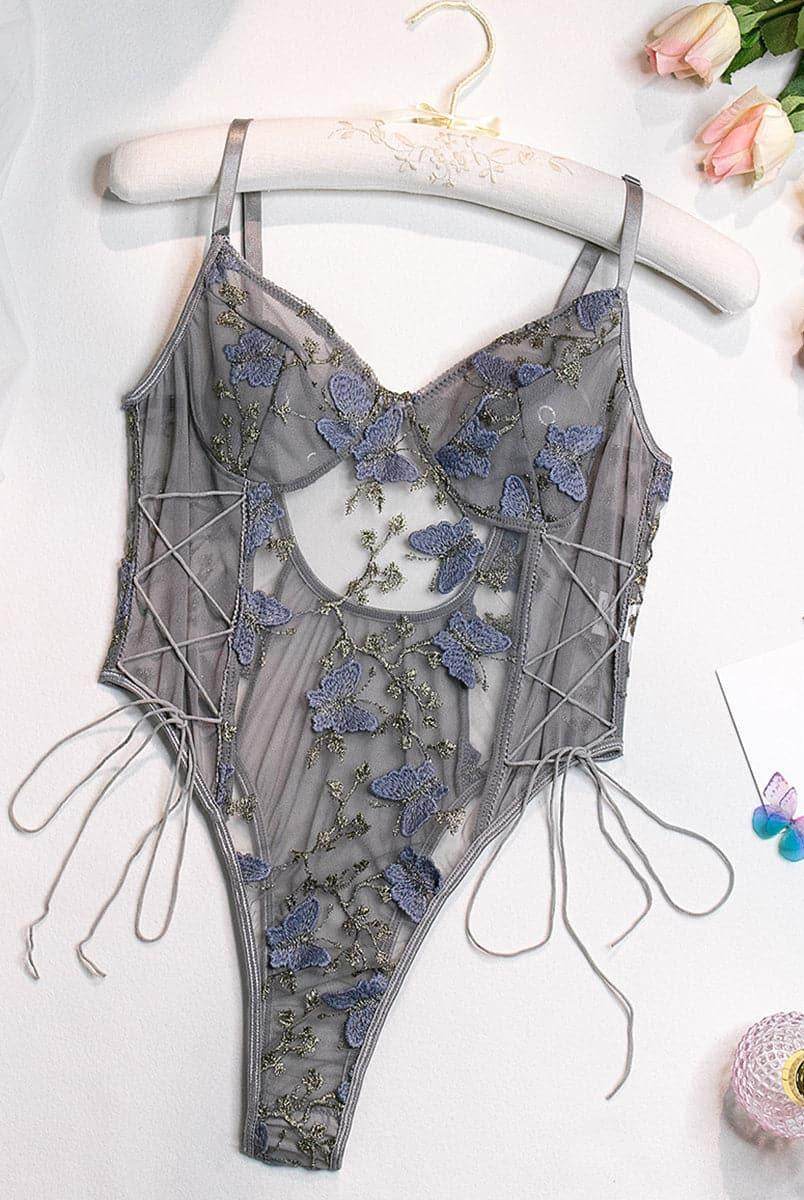 Lace Up Butterfly Embroidery Teddy MSL013 - MISS ORD