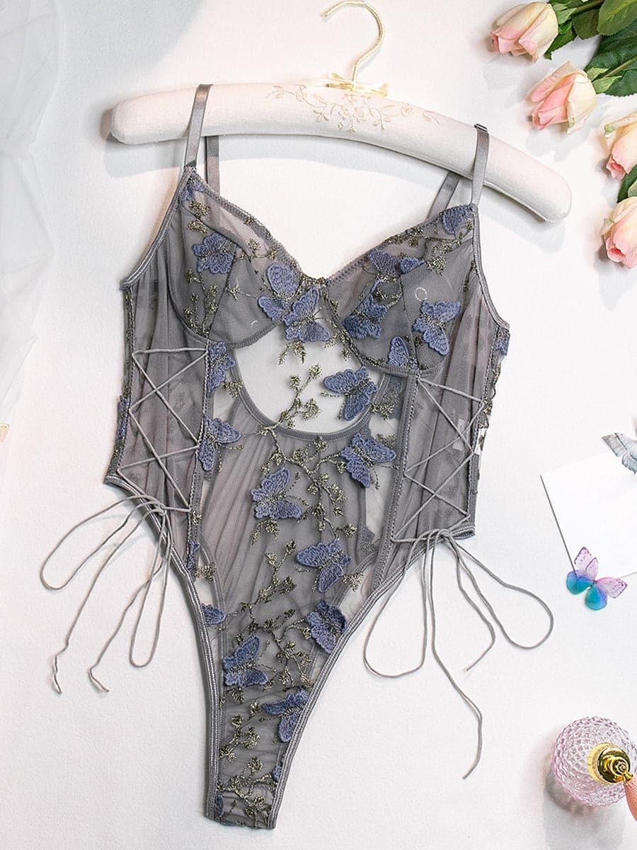 Lace Up Butterfly Embroidery Teddy MSL013 - MISS ORD