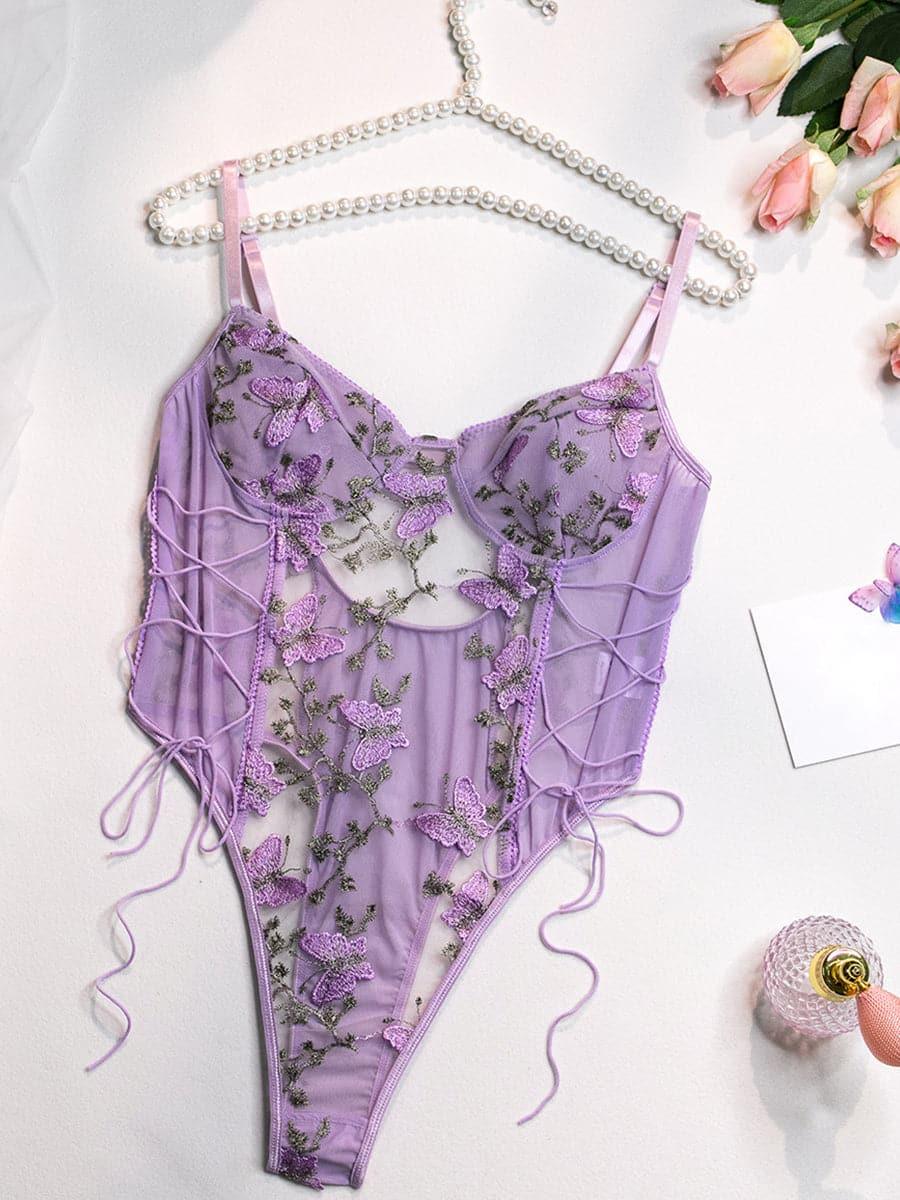 Lace Up Butterfly Embroidery Teddy MSL013 - MISS ORD