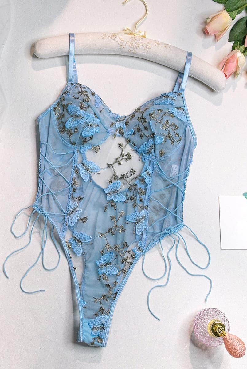 Lace Up Butterfly Embroidery Teddy MSL013 - MISS ORD