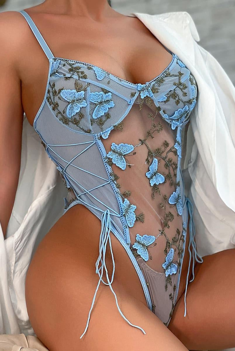 Lace Up Butterfly Embroidery Teddy MSL013 - MISS ORD