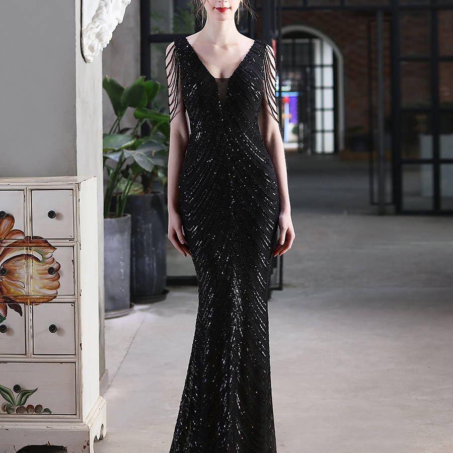 Sleeveless Beads Chain Sequin V-neck Evening Dress M01873