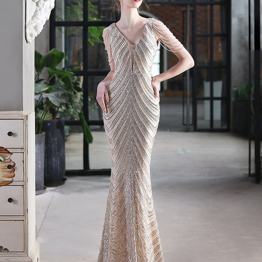 Sleeveless Beads Chain Sequin V-neck Evening Dress M01873