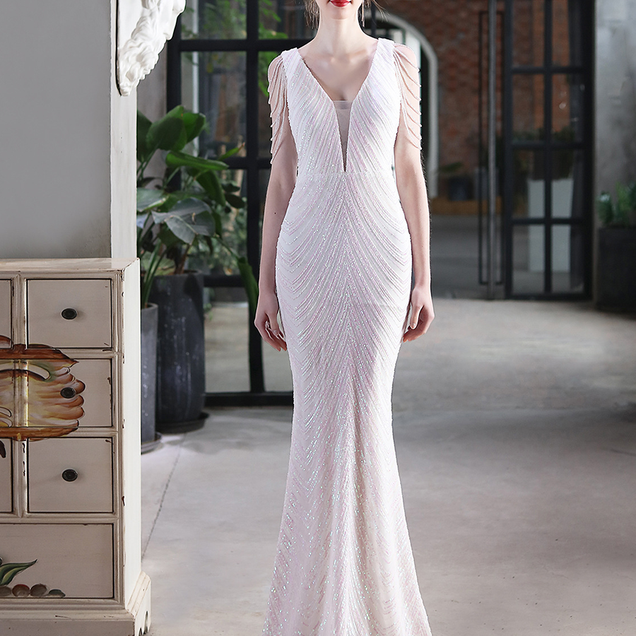 Sleeveless Beads Chain Sequin V-neck Evening Dress M01873