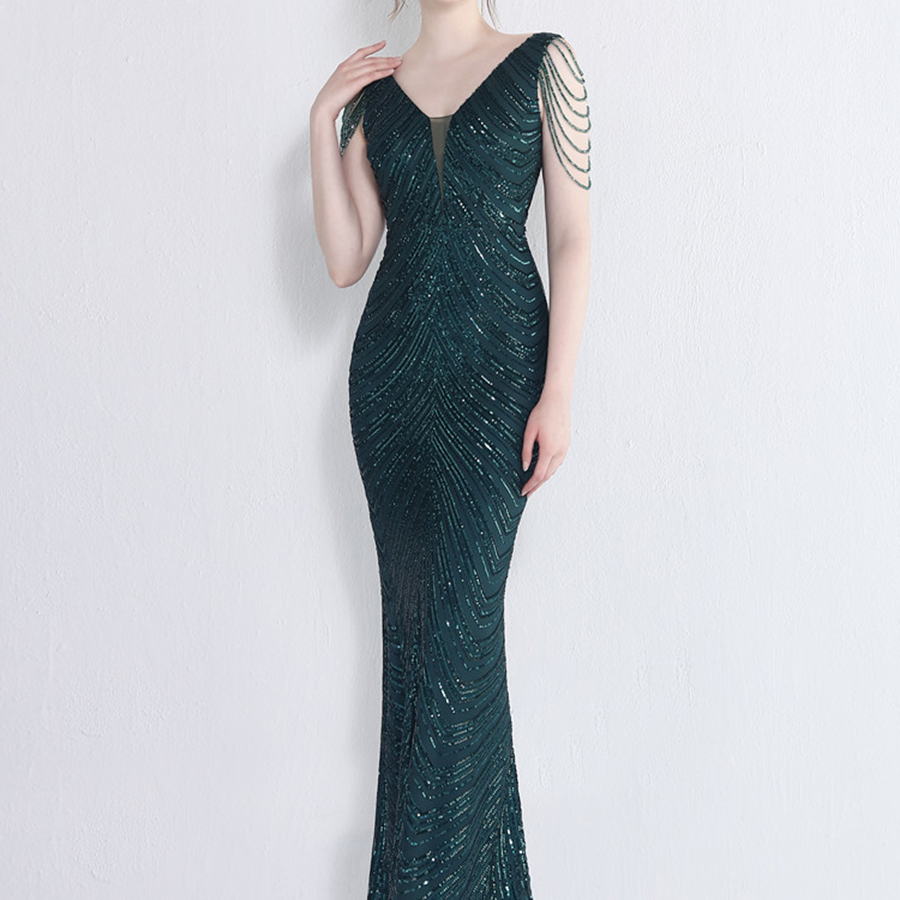 Sleeveless Beads Chain Sequin V-neck Evening Dress M01873