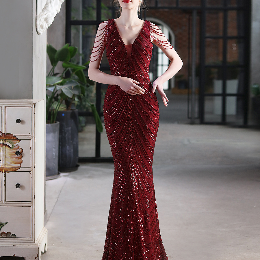 Sleeveless Beads Chain Sequin V-neck Evening Dress M01873