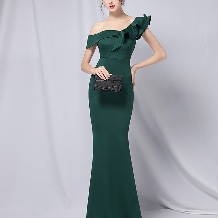Elegant One-Shoulder Ruffle Mermaid Evening Gown M01947