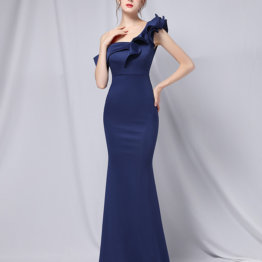 Elegant One-Shoulder Ruffle Mermaid Evening Gown M01947
