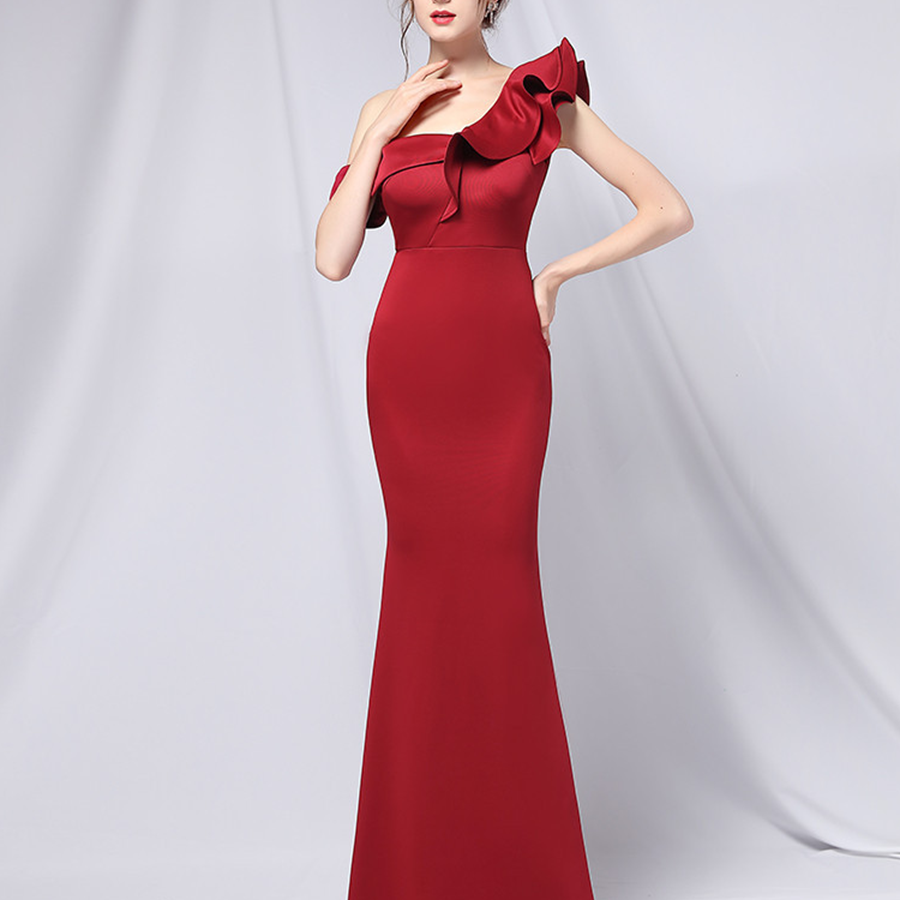 Elegant One-Shoulder Ruffle Mermaid Evening Gown M01947