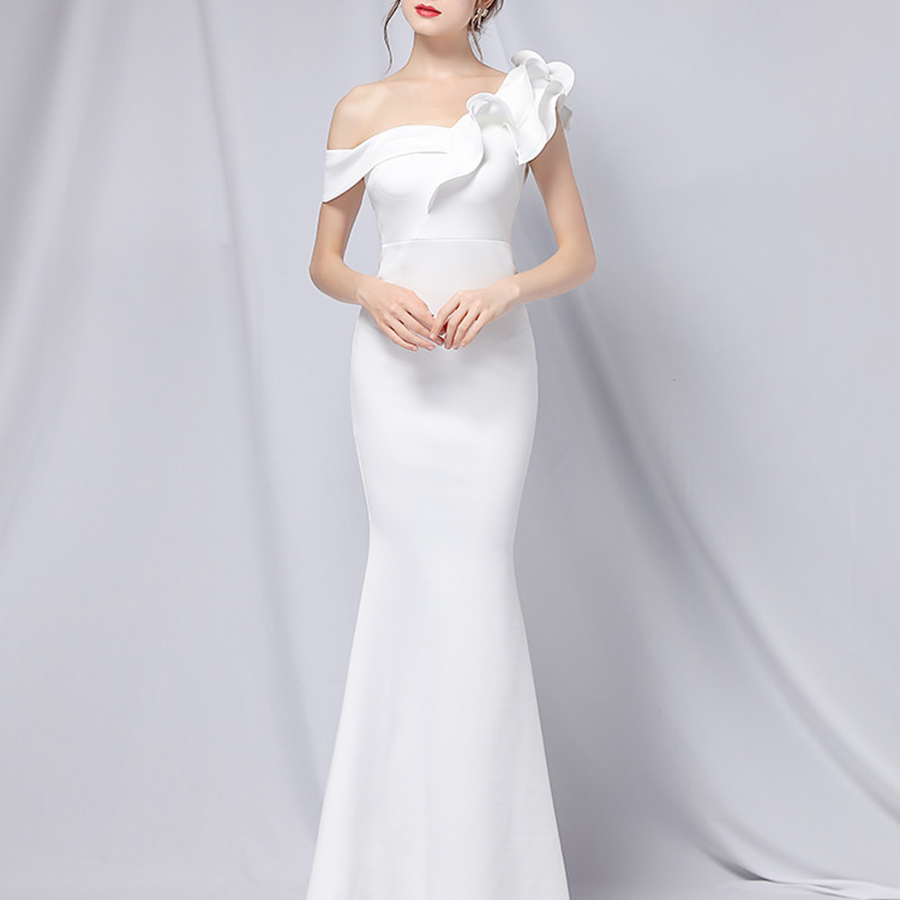 Elegant One-Shoulder Ruffle Mermaid Evening Gown M01947