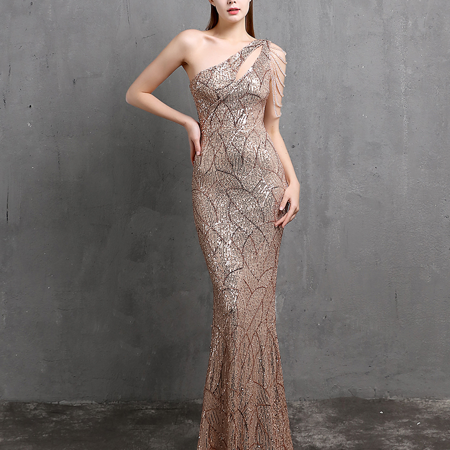 Elegant One-Shoulder Burgundy Sequin Gown M01960