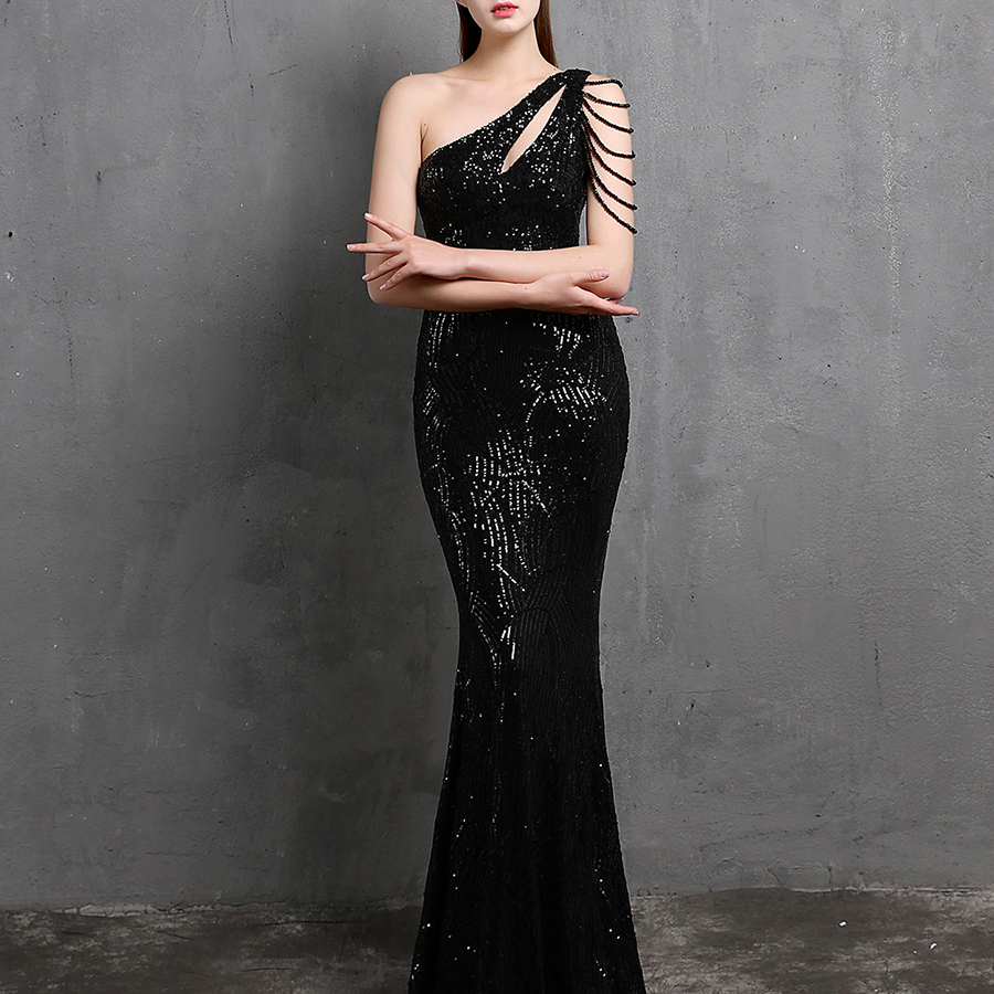 Elegant One-Shoulder Burgundy Sequin Gown M01960