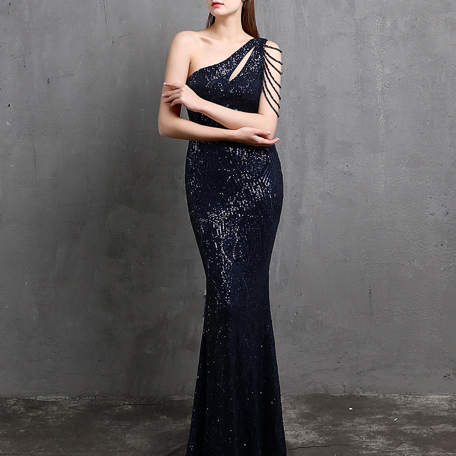 Elegant One-Shoulder Burgundy Sequin Gown M01960