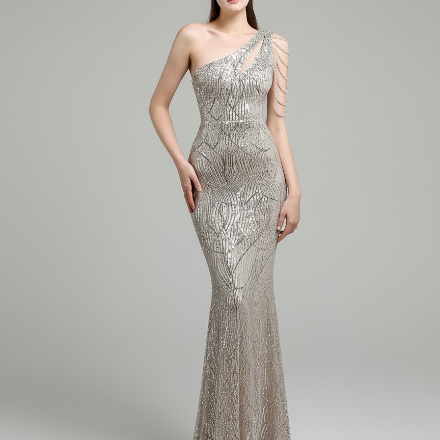 Elegant One-Shoulder Burgundy Sequin Gown M01960