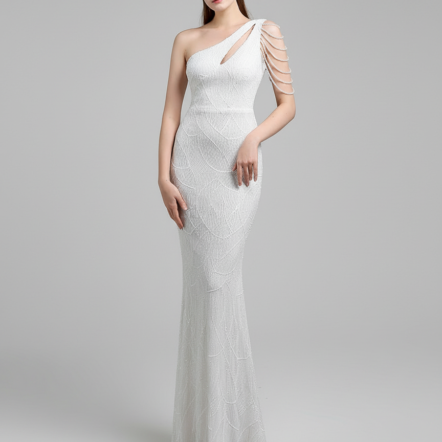 Elegant One-Shoulder Burgundy Sequin Gown M01960