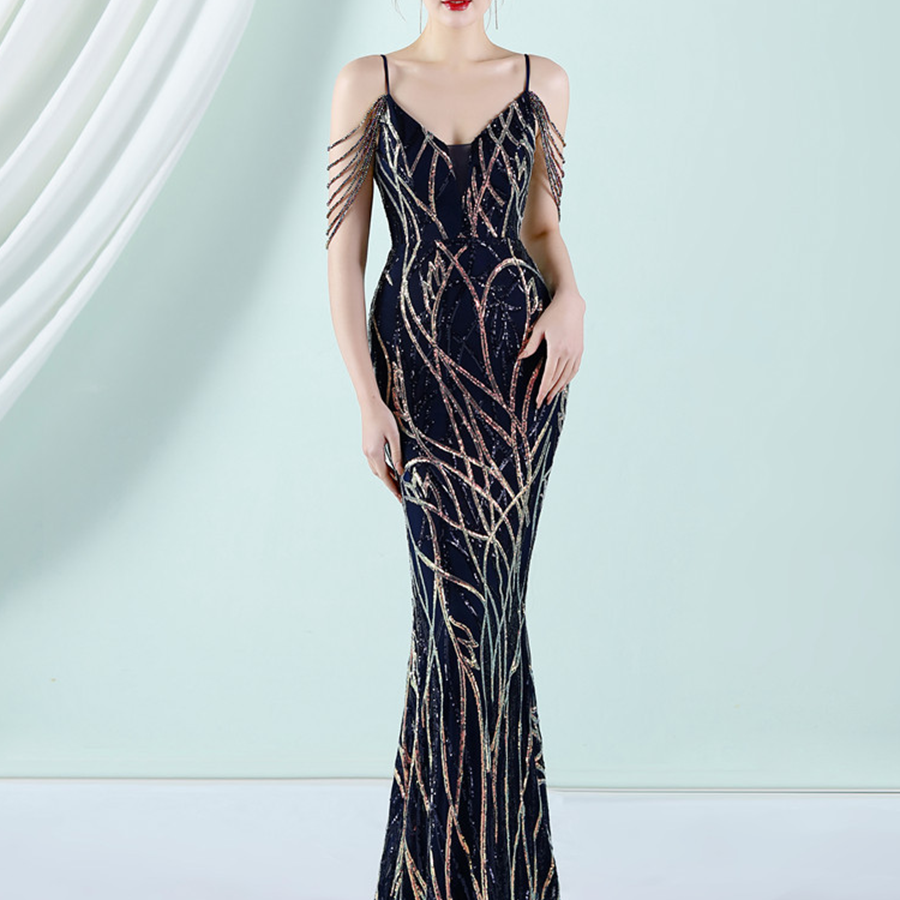 Elegant V-Neck Beads Chain Sequin Mermaid Formal Dress M02088