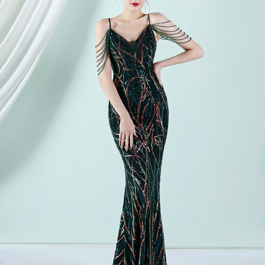 Elegant V-Neck Beads Chain Sequin Mermaid Formal Dress M02088