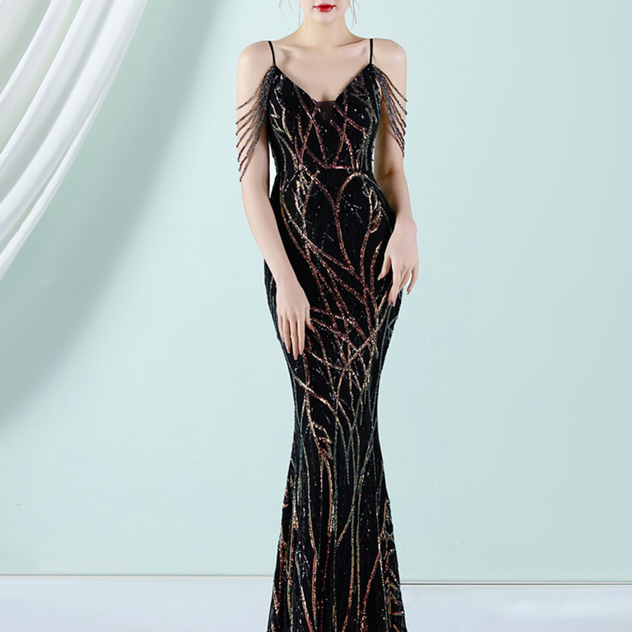 Elegant V-Neck Beads Chain Sequin Mermaid Formal Dress M02088