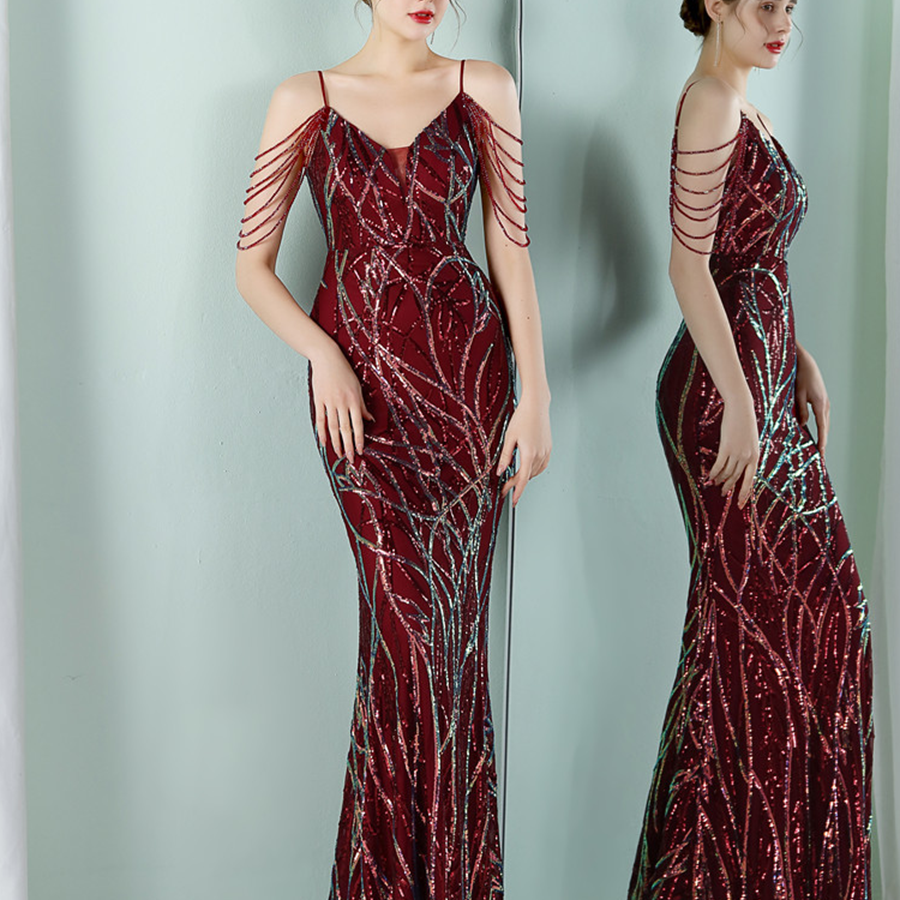 Elegant V-Neck Beads Chain Sequin Mermaid Formal Dress M02088