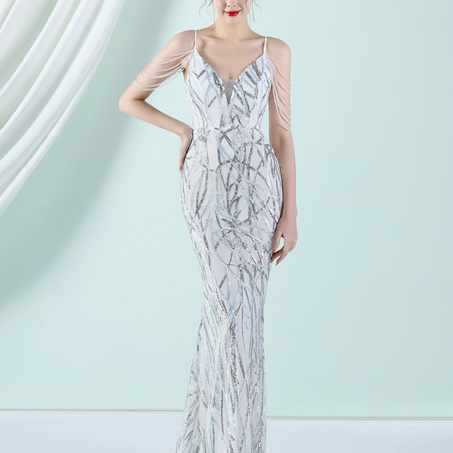 Elegant V-Neck Beads Chain Sequin Mermaid Formal Dress M02088