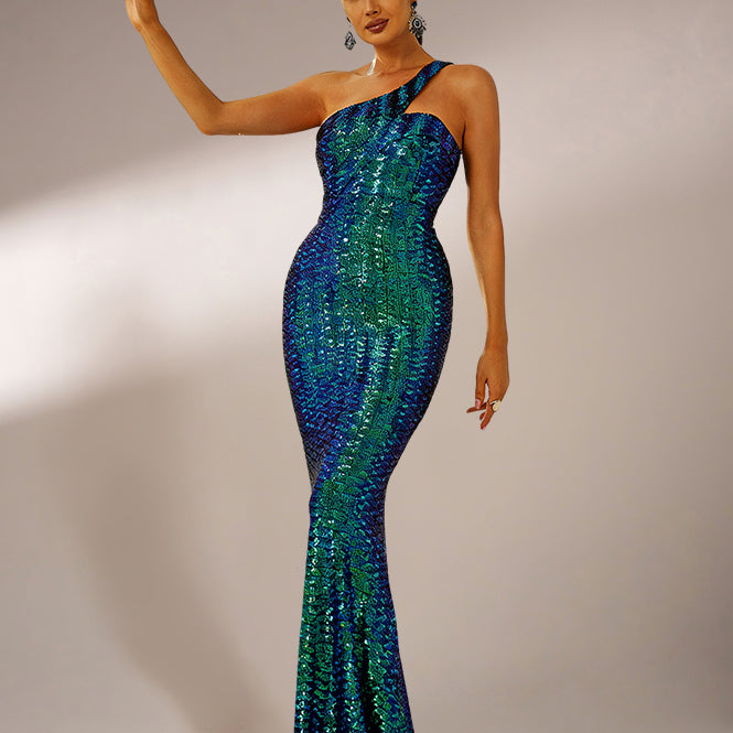 Grünes Abendkleid im Meerjungfrau-Stil mit einer Schulter und Pailletten M02090