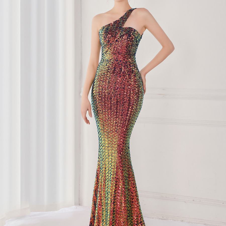 Grünes Abendkleid im Meerjungfrau-Stil mit einer Schulter und Pailletten M02090