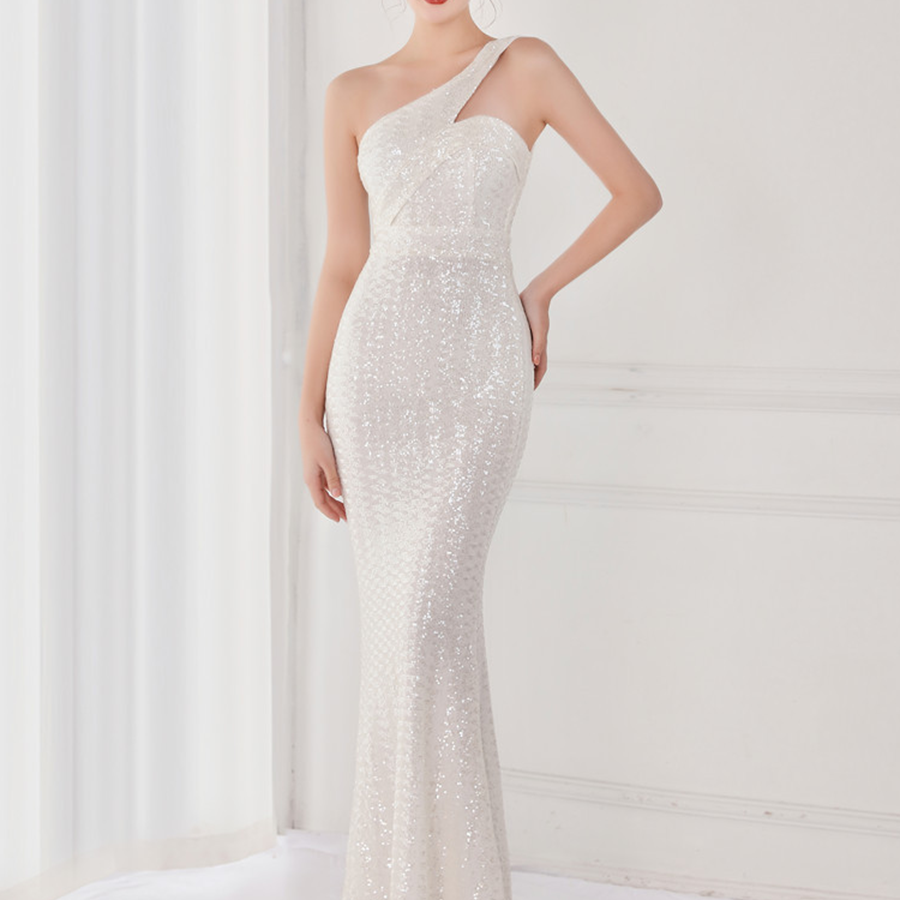 Grünes Abendkleid im Meerjungfrau-Stil mit einer Schulter und Pailletten M02090