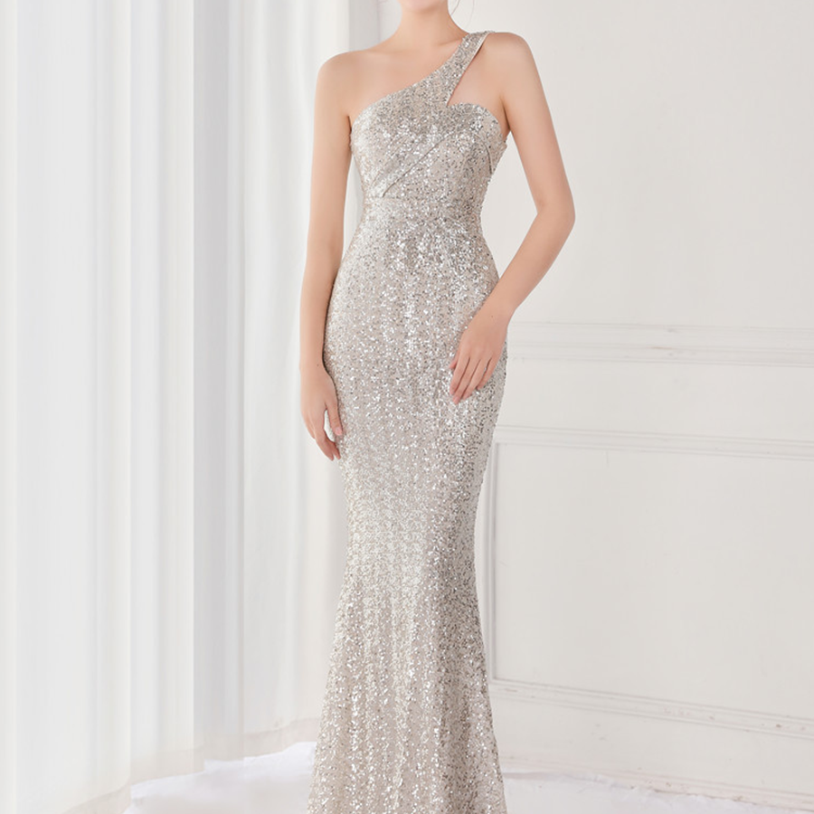 Grünes Abendkleid im Meerjungfrau-Stil mit einer Schulter und Pailletten M02090