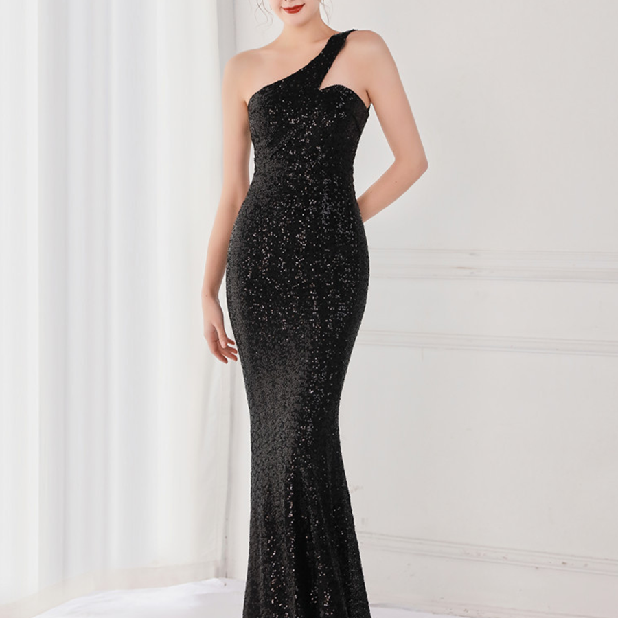 Grünes Abendkleid im Meerjungfrau-Stil mit einer Schulter und Pailletten M02090