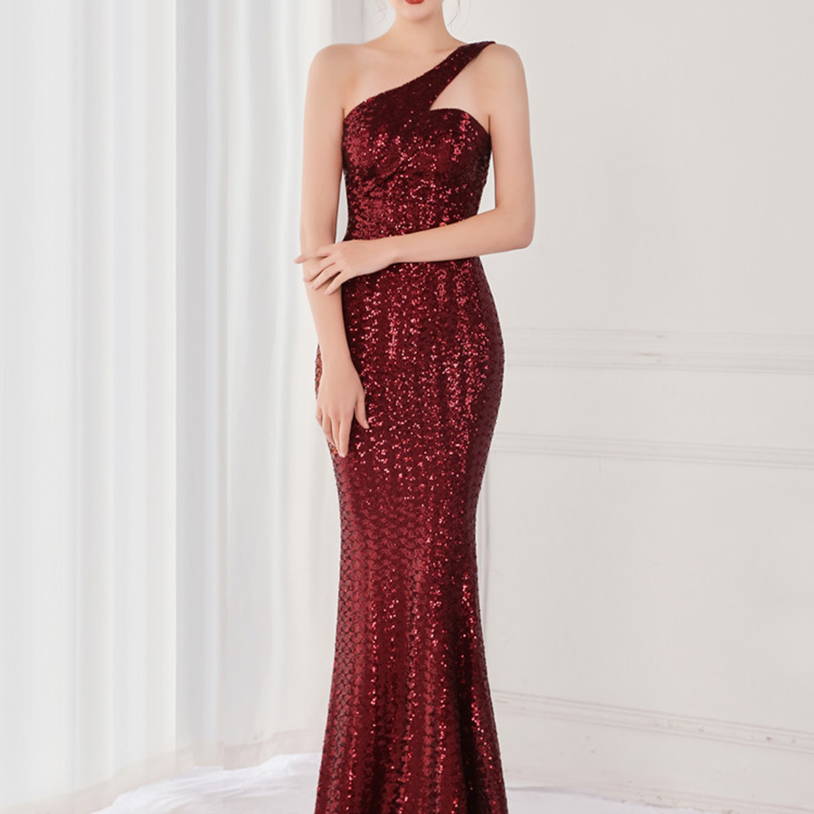 Grünes Abendkleid im Meerjungfrau-Stil mit einer Schulter und Pailletten M02090