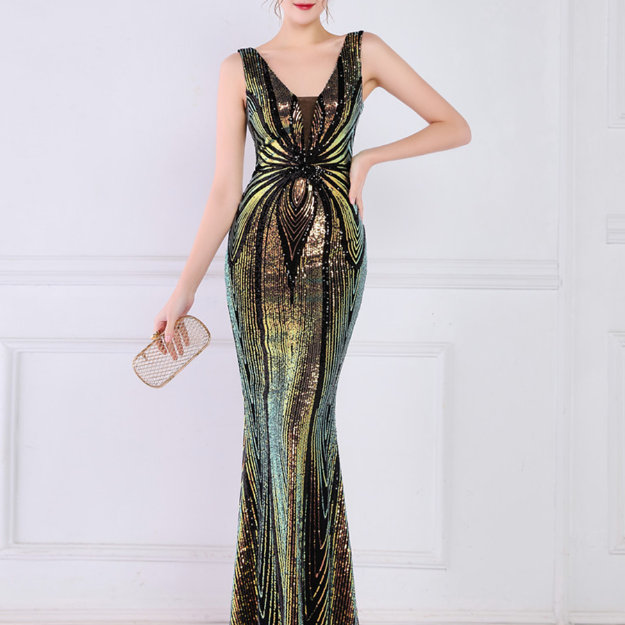 Sequin Graphic V-neck Prom Dress M02094