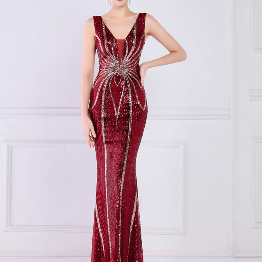 Sequin Graphic V-neck Prom Dress M02094