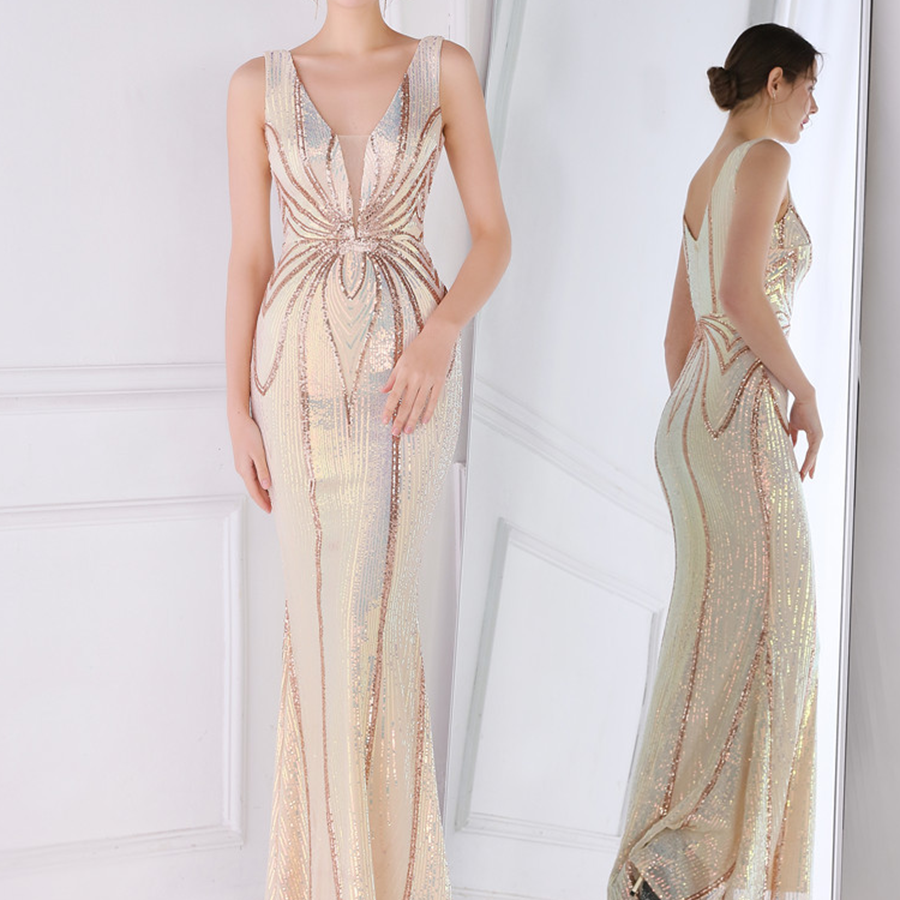 Sequin Graphic V-neck Prom Dress M02094