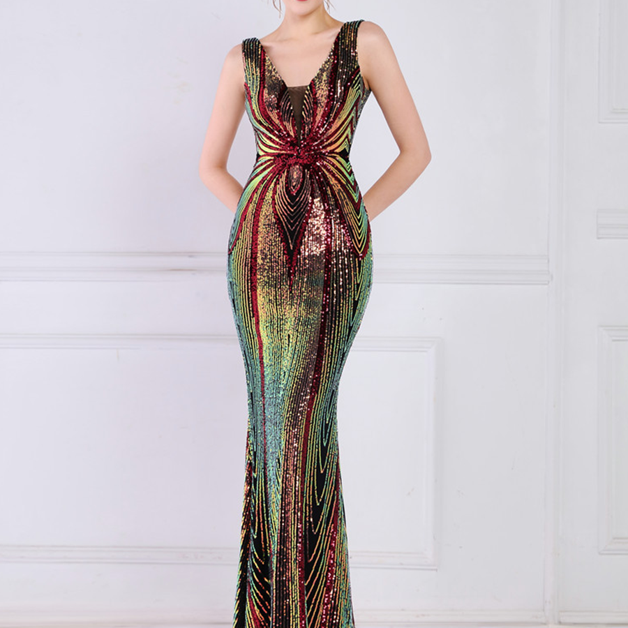 Sequin Graphic V-neck Prom Dress M02094