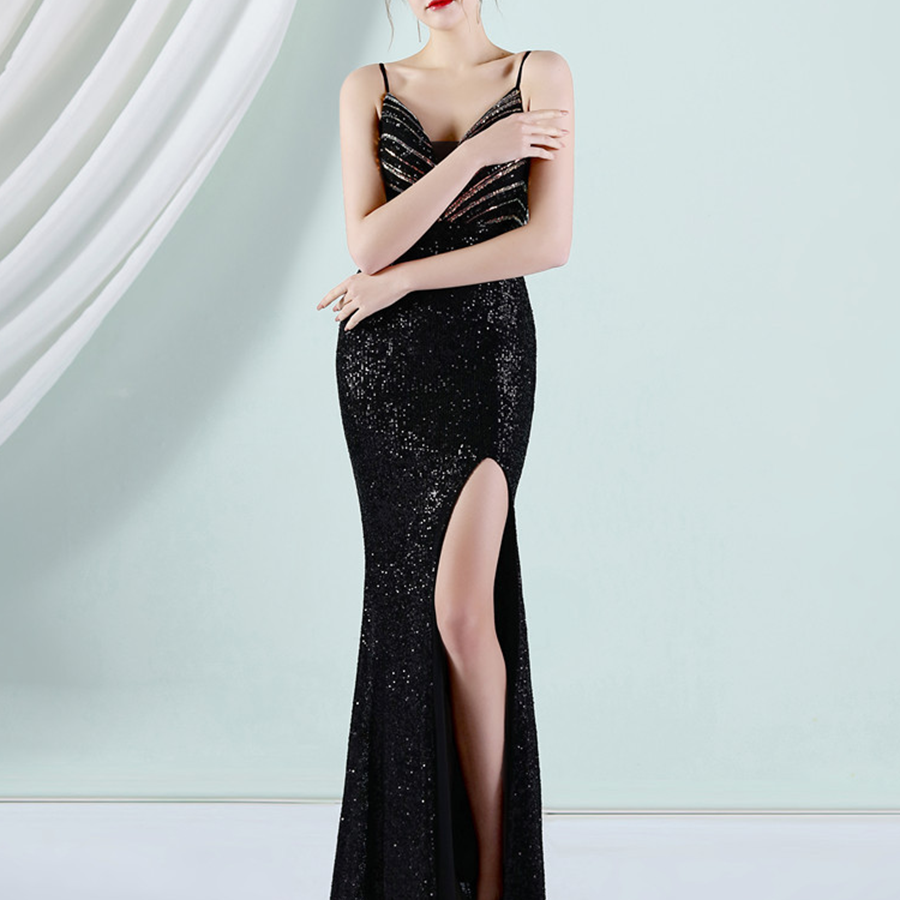 Slit Thigh Backless Green Sequin Formal Dress M02095