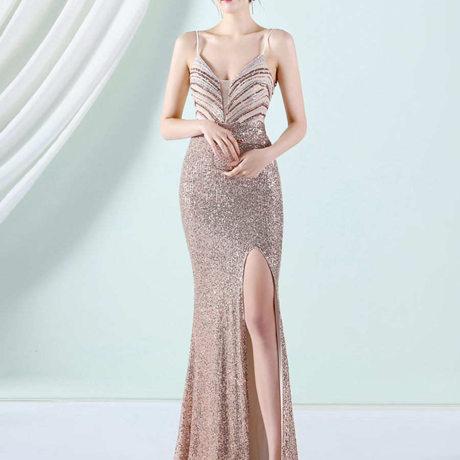 Slit Thigh Backless Green Sequin Formal Dress M02095