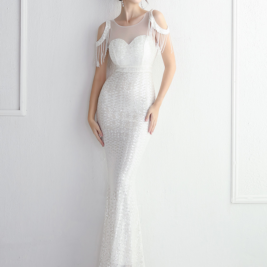 Cold Shoulder Fringed Sequin Black Evening Dress M02166