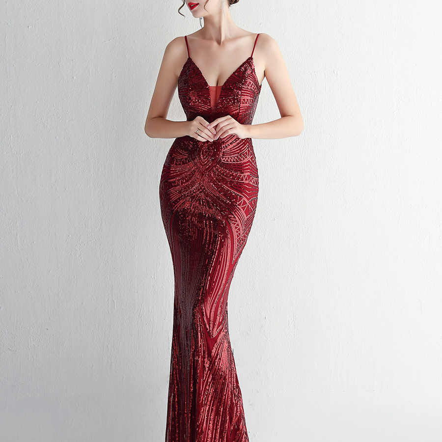 Grünes Spaghetti-Abschlussballkleid mit tiefem V-Ausschnitt und Pailletten M02188