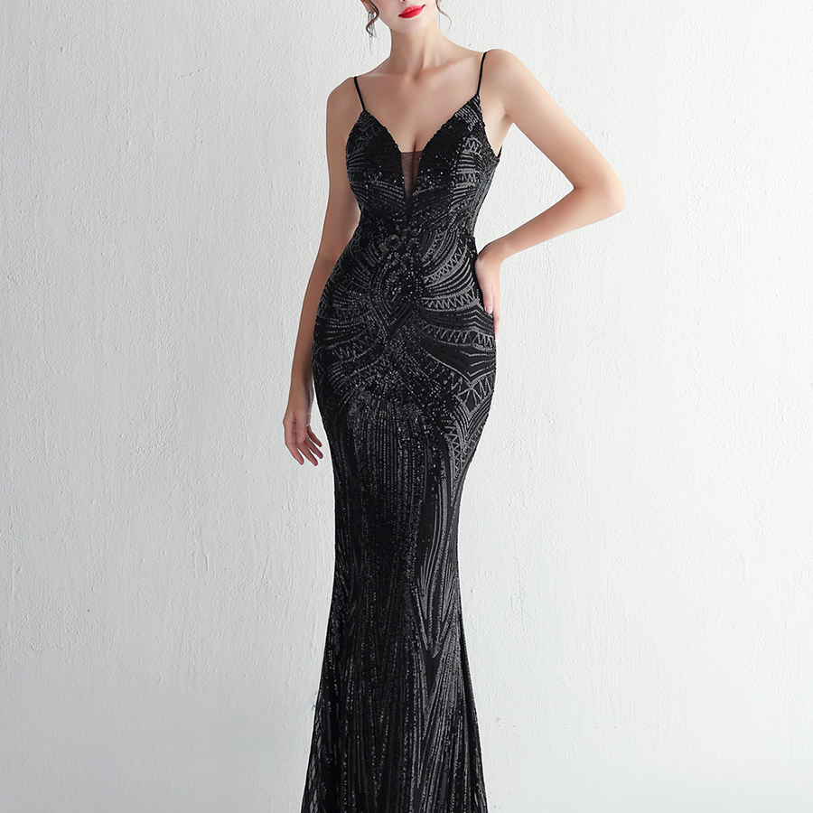 Grünes Spaghetti-Abschlussballkleid mit tiefem V-Ausschnitt und Pailletten M02188